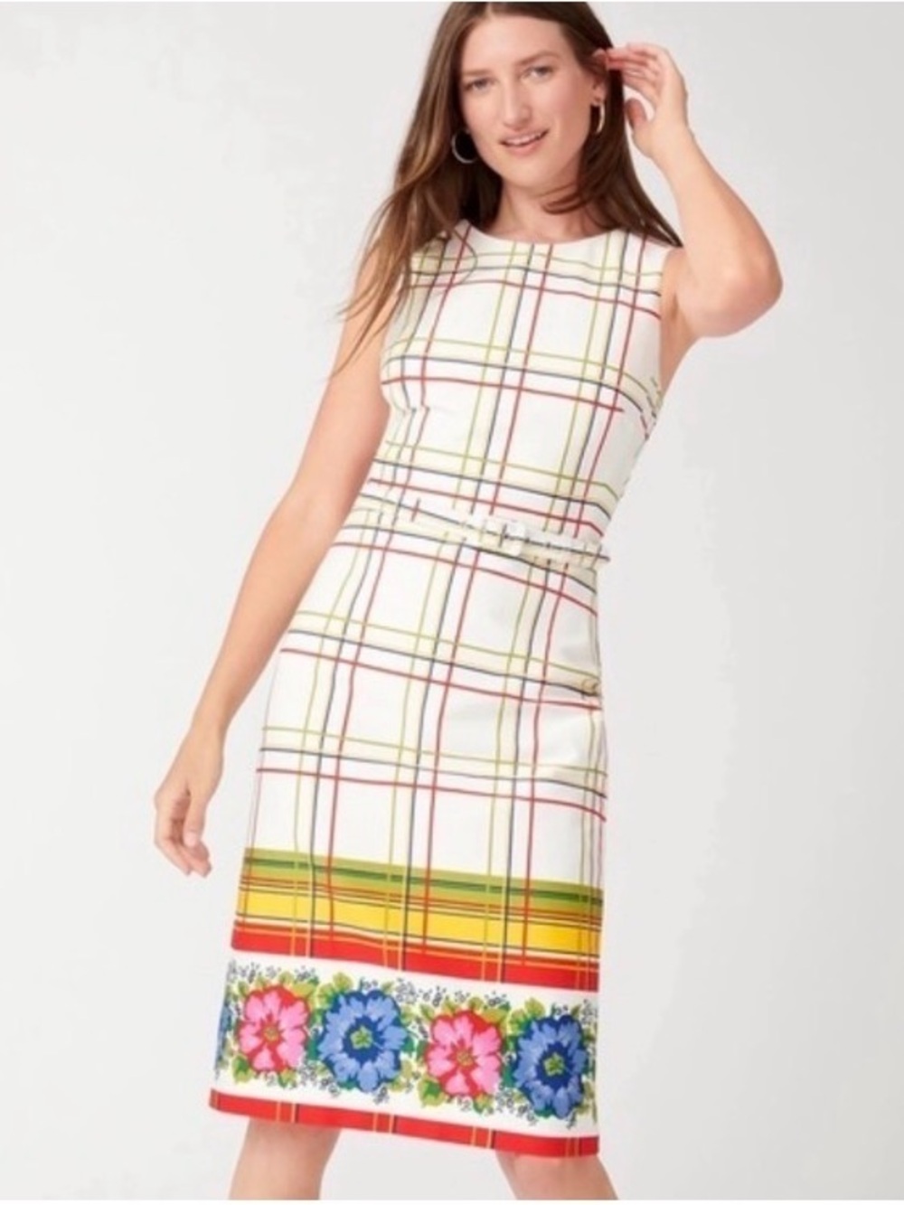 J. Crew White Plaid Midi Dress with Blue & Pink Floral Hem